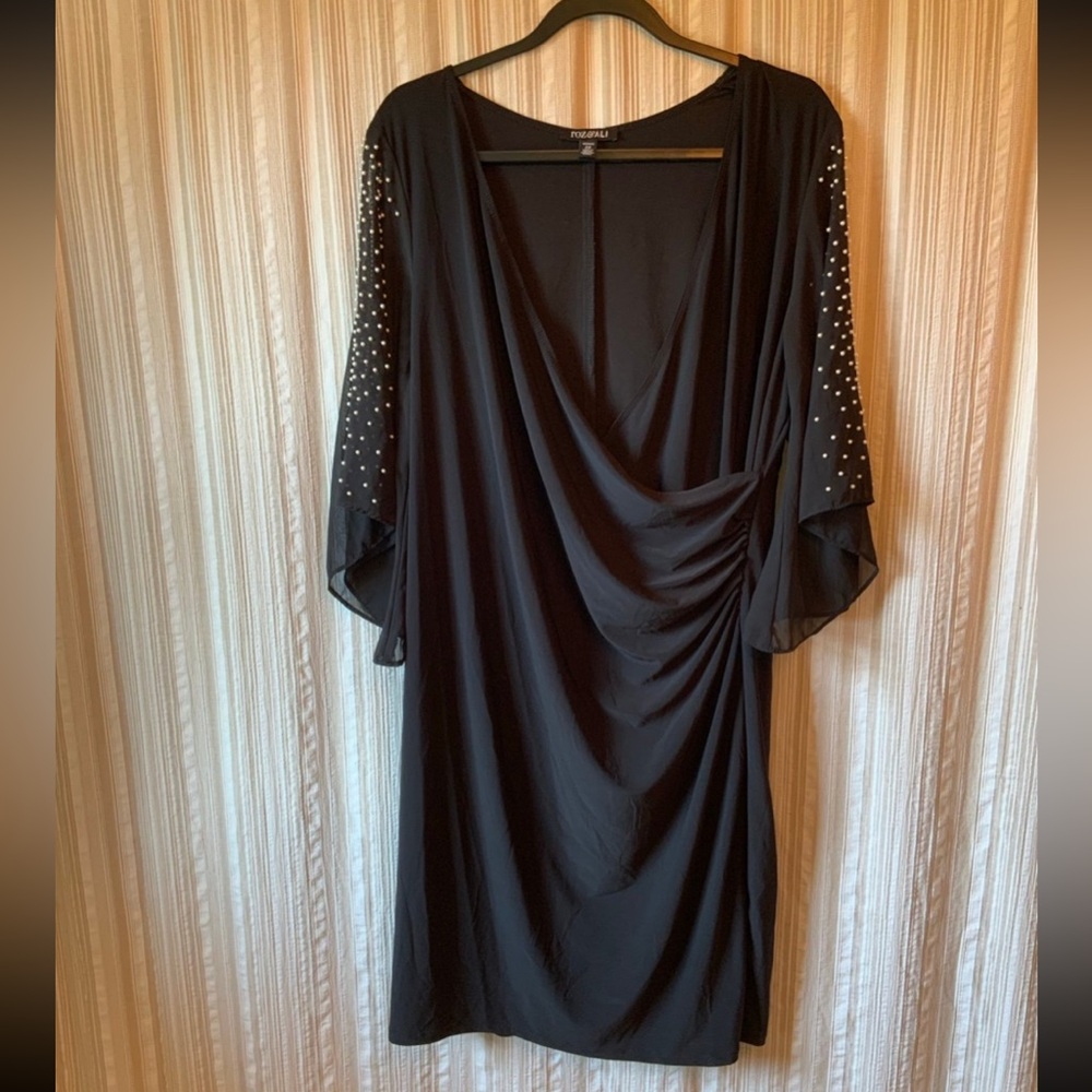 Black Draped Evening Dress with Embellished Sleeves